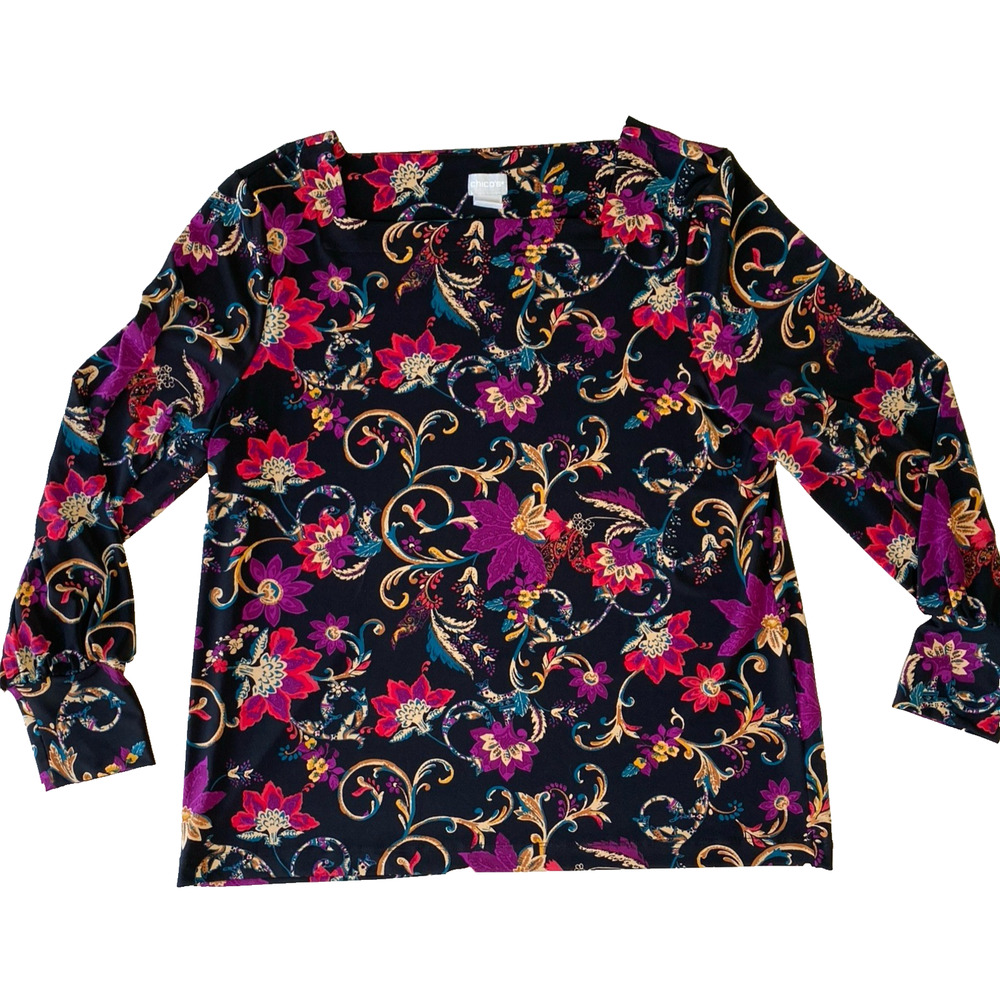 Chicos Blouse Womens Size Large Multicolor Floral Career Office Stretch Shirt